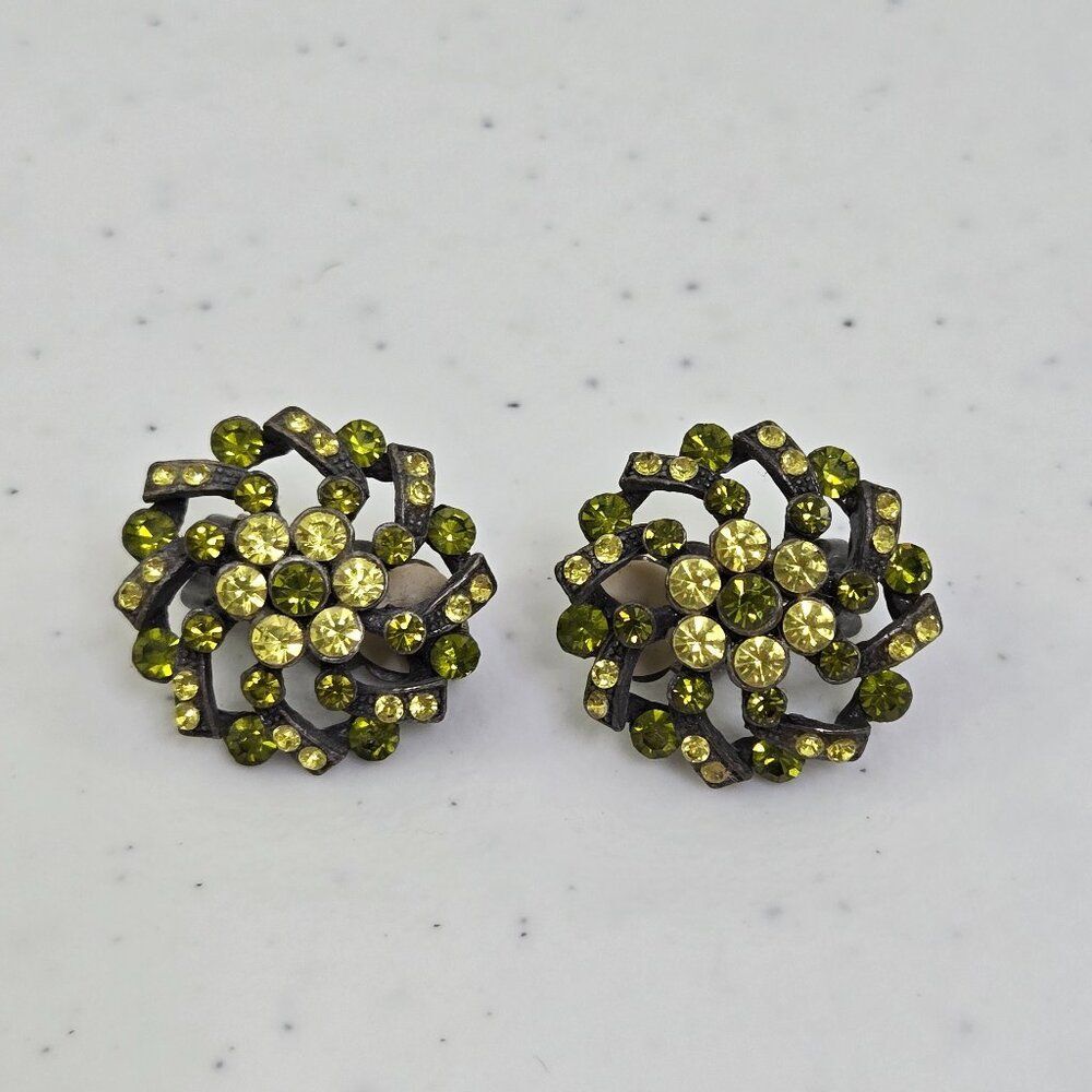 Vintage Green Rhinestone Earrings Clip‎ On Gray Flower Geometric Swirl